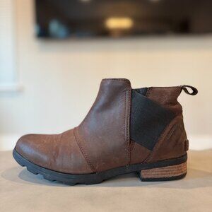 Sorel Emelie Women 9 Chelsea Ankle Booties NL2671-908 Dark Brown Leather Pull On